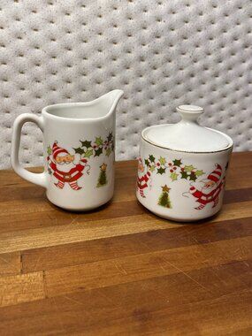 Vintage Christmas Elves Cream and Sugar Set